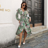 Namcoverse Elegant Floral Prints Ruffle V-Neck Sleeve Skinny Maxi Dress