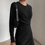 Namcoverse Casual Solid Color O Neck Party Elegant Long Sleeve Pleated Fashion Slit Body Maxi Dress