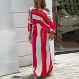 Namcoverse Fashion Elegant Stripe Print Office Sexy Round Neck Top A Line Skirt Suit Maxi Dresses