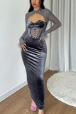 namcoverse Plush Mesh Patchwork Corset Hollow Midi Dress