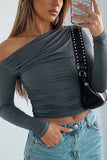 namcoverse One Shoulder Long Sleeve Pleated Tops