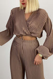 namcoverse V Neck Pleated Puff sleeve Wide Leg Set