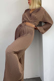 namcoverse V Neck Pleated Puff sleeve Wide Leg Set