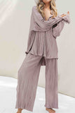 namcoverse Pleated Long Sleeve Lace Up Slit Two-Piece Set