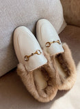 namcoverse Rabbit Fur Lined Leather Loafer Mules