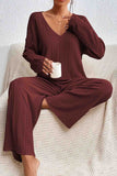 namcoverse V Neck Ribbed Long Sleeve Two-Piece Set