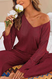 namcoverse V Neck Ribbed Long Sleeve Two-Piece Set